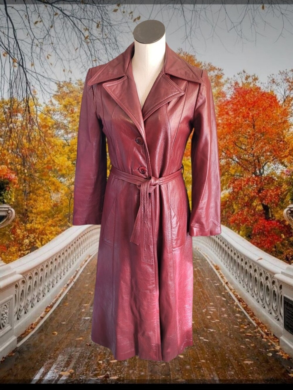Womens Oxblood Leather Trench Coat with Belt